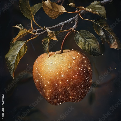 The photo shows a beautiful, ripe apple hanging on a tree branch