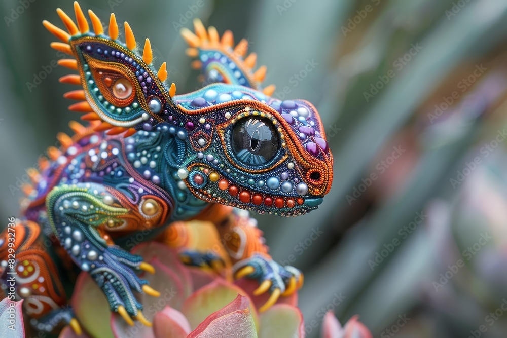 Colorful Beaded Art Gecko on Cactus Plant During Daytime in Nature