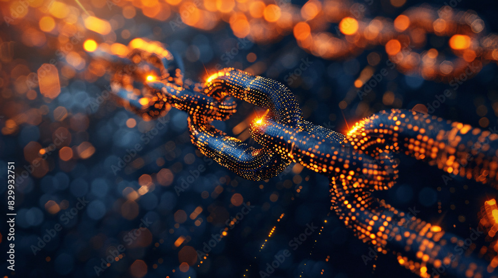 Close-Up of Digital Chain Links with Glowing Lights Close-Up of Digital Chain Links with Glowing Lights