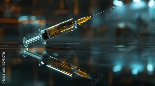 Syringe with needle in a protective cap, placed on a glass surface, reflective effects