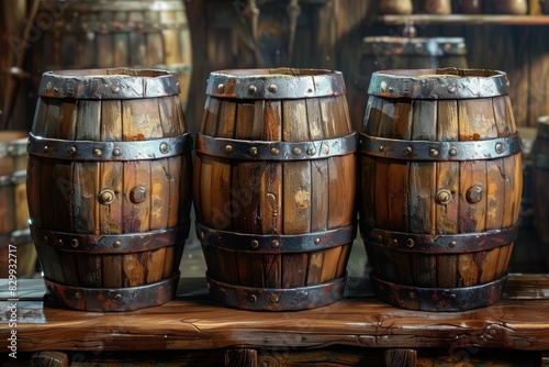 Three Wooden Barrels in Rustic Tavern Interior During Evening