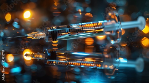 Obraz na płótnie Syringe with needle in a protective cap, placed on a glass surface, reflective effects w salonie