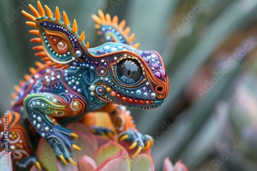 Colorful Beaded Art Gecko on Cactus Plant During Daytime in Nature