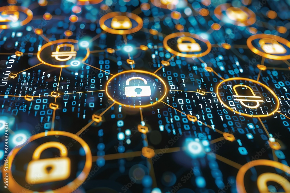 Digital padlocks on a circuit board, emphasizing cybersecurity and data encryption in a high-tech environment.