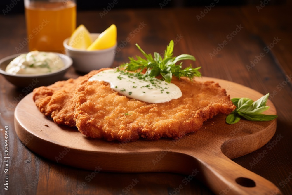 Delicious schnitzel on a wooden board against a painted gypsum board background