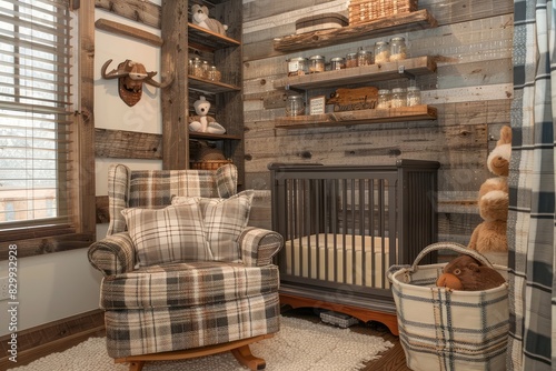 A rustic-chic nursery featuring reclaimed wood accents a cozy rocking chair with plaid cushions and shelves adorned with mason jar organizers for baby essentials.