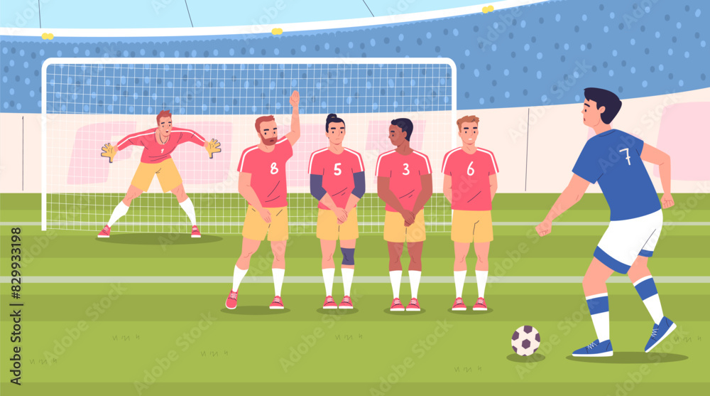 Fototapeta premium Player kick penalty. Soccer players team free kicks in football match stadium, footballer kicking ball goal keeper, goalkeeper defending training, goalie classy vector illustration