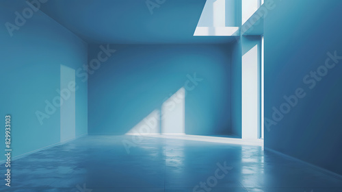Extra wide blue virtual empty room background. Generative AI.