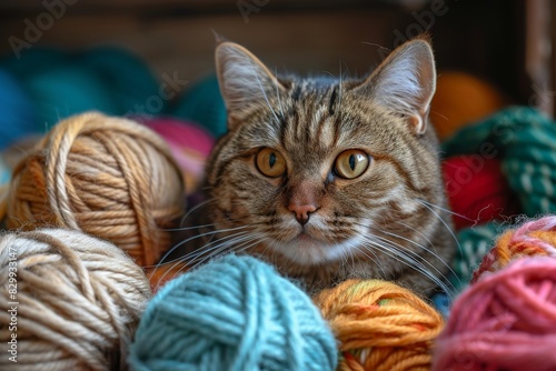 Cat Sitting in a Pile of Yarn