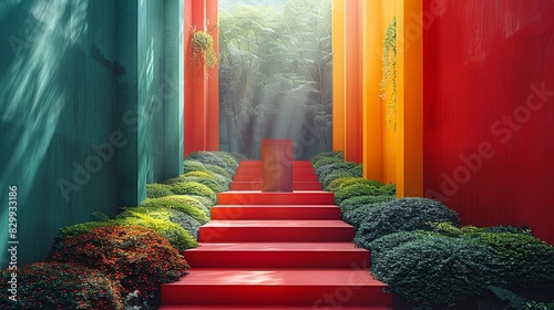 A symphony of colors unfolds around the podium, from the rich greens of the foliage to the muted tones of the geometric structure. Minimal and Simple style photo