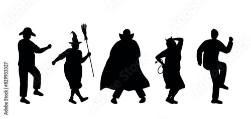 Halloween Party. Silhouettes of People in Halloween Costumes. People dance. People Silhouettes. Black on White. Vector illustration