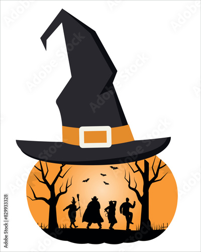 Halloween party template. People in Halloween Costumes dance. Halloween coven. Black silhouettes of people, trees, bats on orange background in pumpkin shape and witch's hat. Vector illustration.