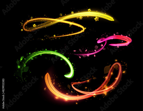 Glowing magic swirl game effects with various colors sparks and shapes vector set, luminous speed curve, twirl flash