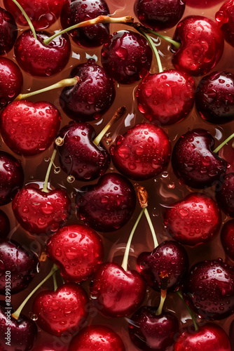 Obraz na płótnie background image of ripe deep red and burgundy cherries around water. fllat lay. digital artwork. Ai generated. w salonie