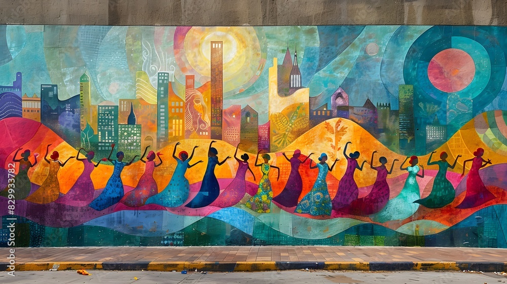 A vibrant mural depicting scenes of joy and merriment during Holi celebrations, created to capture the spirit of the holiday List of Art Media mixed media A vibrant mural depicting scenes of joy and merriment during Holi celebrations, created to capture the spirit of the holiday List of Art Media mixed media