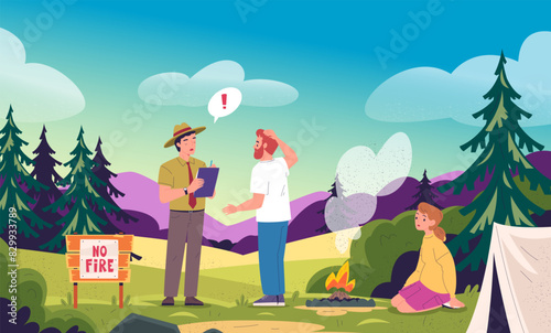 Forest fire law. Park ranger forester issues fine to people breaking preserve wildlife environment, rangers tree guard force and campfire fire