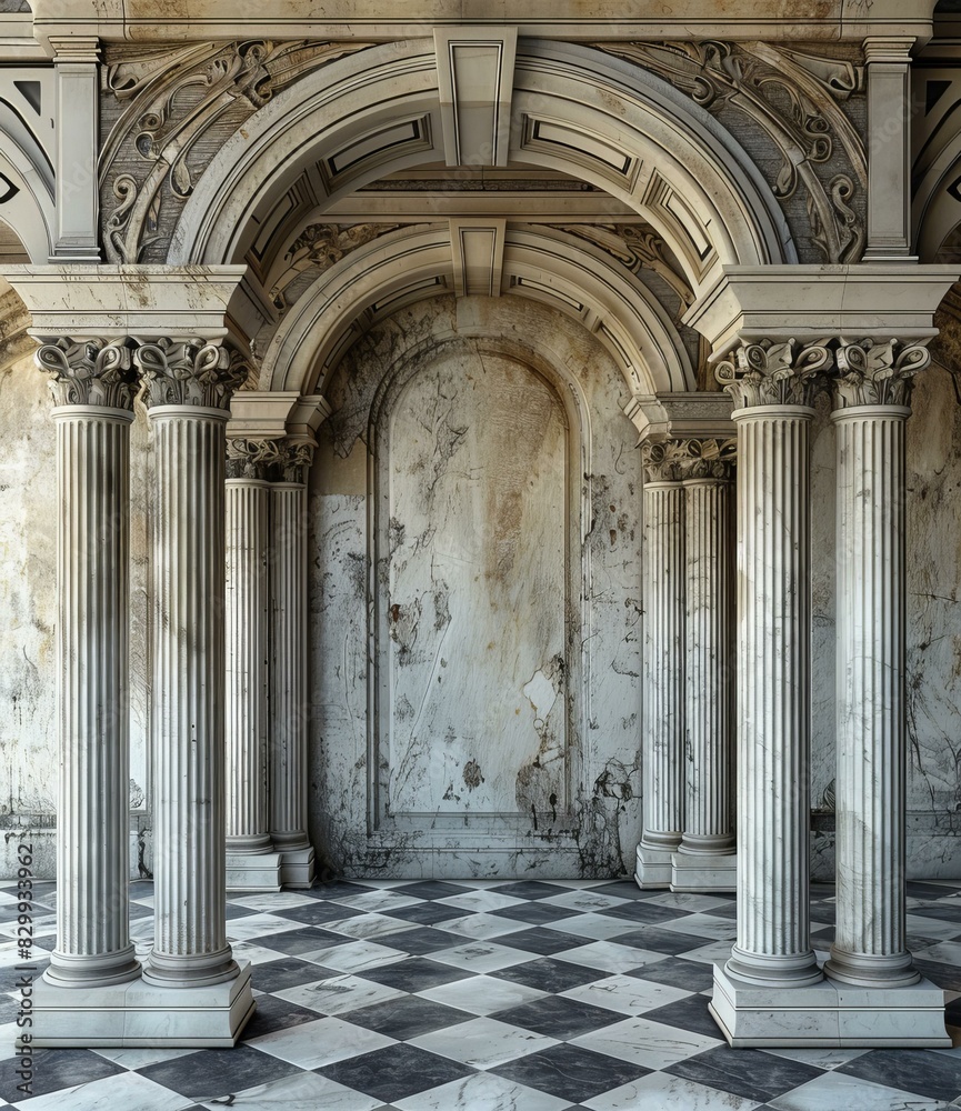 Black and White Baroque Arcade with Checkered Floor Black and White Baroque Arcade with Checkered Floor