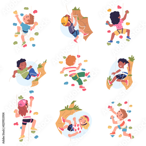 Kids climbing. Children climb on rock wall youth extreme active sport, child mountaineering cartoon kid strength climber effort mount challenge courage, classy vector illustration