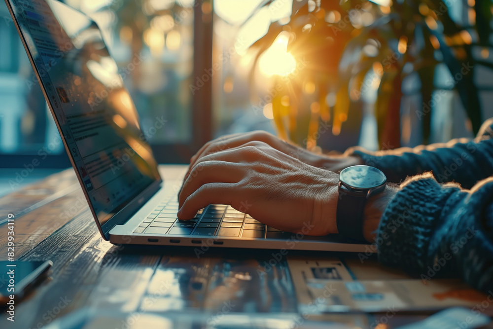 Hands typing on a laptop at sunset Hands typing on a laptop at sunset