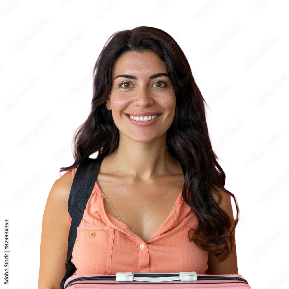 A tourist young woman with suitcase isolated on transparent background, Ai generative A tourist young woman with suitcase isolated on transparent background, Ai generative