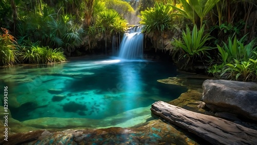 A beautiful waterfall in a tropical paradise.