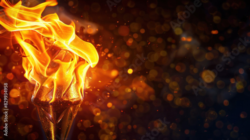 Glowing golden torch with dynamic flames and vibrant bokeh background