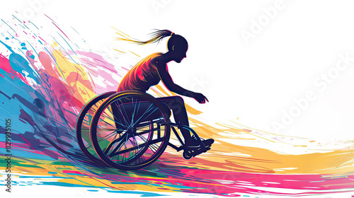 Colorful abstract illustration of a woman in a wheelchair racing with dynamic motion and energy photo