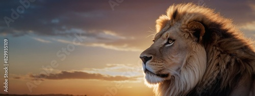 Serene African sunset scene  Silhouetted adult lion overlooks the vast landscape.