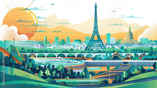 Illustrative cityscape of Paris featuring the Eiffel Tower, various buildings, and a vibrant sunset