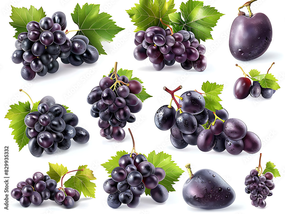 Set of ripe grapes with leaves in high resolution