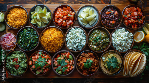 Top down view of a table full of Mexican tacos