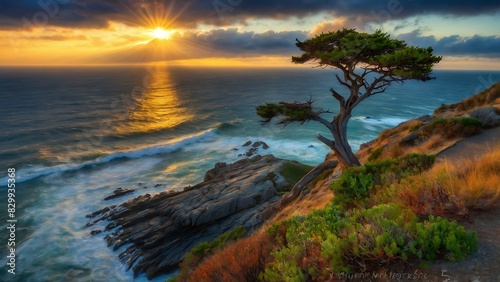 Lonely Cypress Tree at Sunset overlooking the ocean.