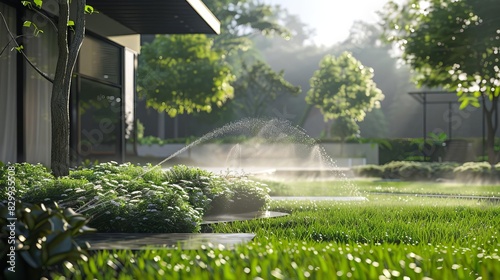 modern automatic sprinkler system watering lush green lawn efficient irrigation setup smart home garden maintenance 3d illustration photo