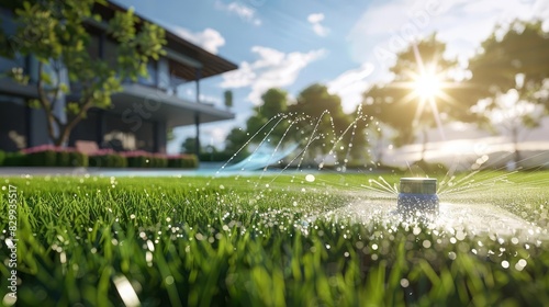 modern automatic sprinkler system watering lush green lawn efficient irrigation setup smart home garden maintenance 3d illustration photo