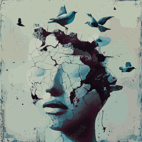 A surreal artwork featuring a cracked, broken human face sculpture with birds flying around it, symbolizing freedom, fragility, and liberation in a dreamlike, melancholic scene.