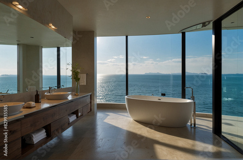 Luxurious bathroom with a freestanding bathtub overlooking a breathtaking ocean view