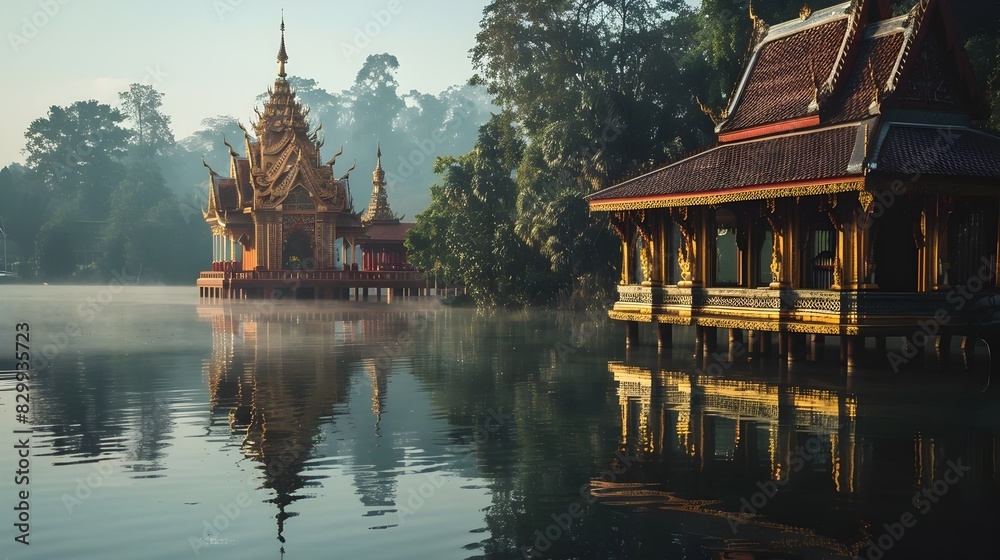 Naklejka premium Majestic Thai Temple Reflected in Serene Lake at Sunset