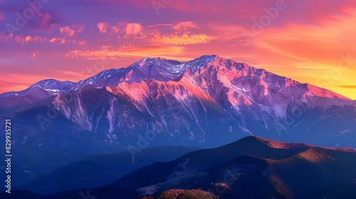Majestic Mountain Range at Vibrant Sunset Beckoning Adventurers to Explore its Rugged Trails