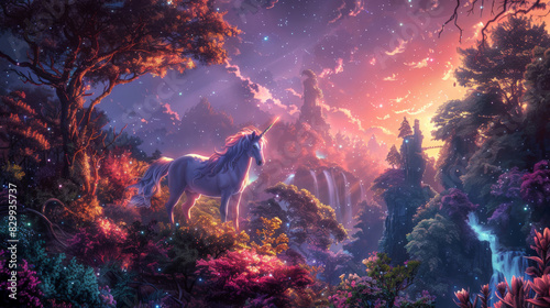 fantasy background of a unicorn in a magic forest photo