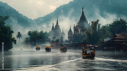 Misty Riverboat Voyage Amid Majestic Temples of Thailand photo