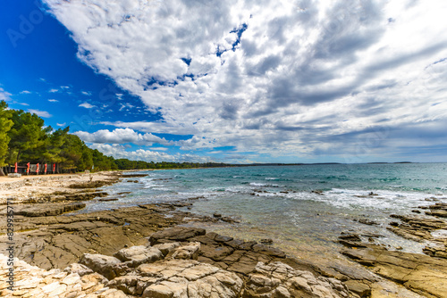 Landscape of the Croatian coast around Rovinj, rocky beaches, azure Adriatic Sea