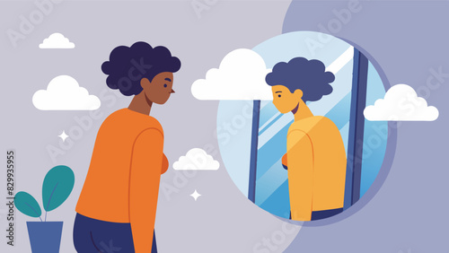A person taking a deep breath and exhaling with contentment as they observe their reflection in a fulllength mirror.. Vector illustration © Justlight