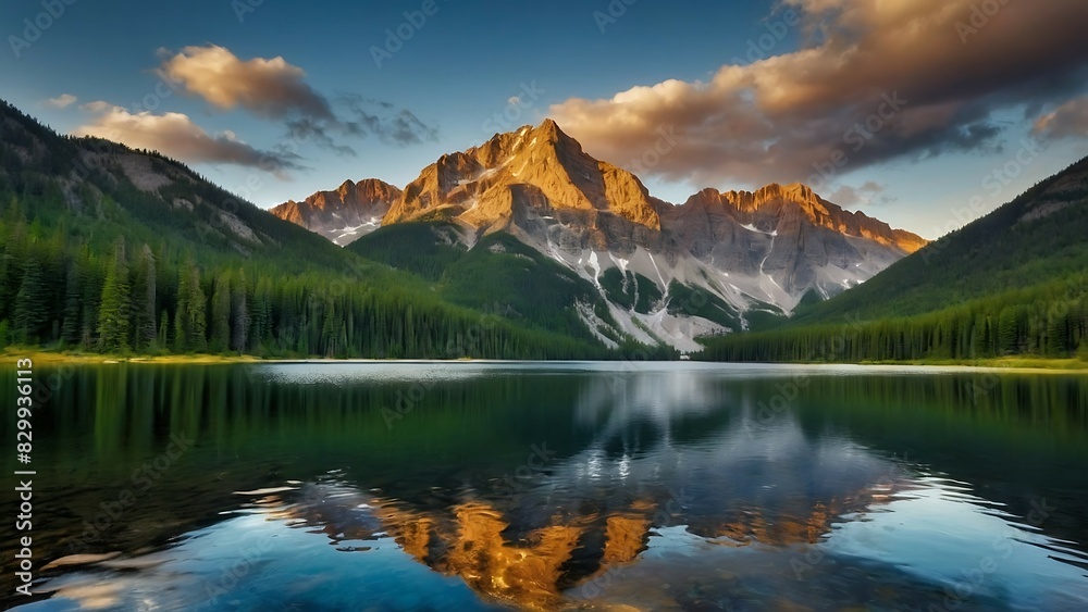 A mountain rises up behind a lake, casting its reflection on the water.