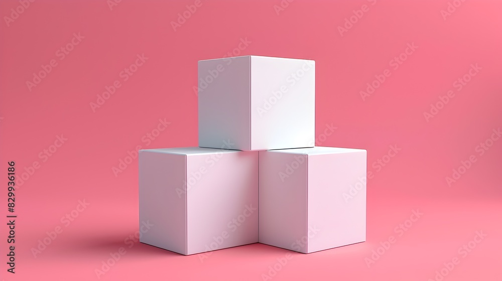 Three Stacked White Cardboard Boxes on Pink Background Minimal Geometric Display Mockup Three Stacked White Cardboard Boxes on Pink Background Minimal Geometric Display Mockup