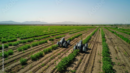 Robotic systems planting seeds in neat rows on a large farm under a clear blue sky.