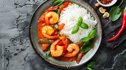 Succulent Red Curry with Shrimp Peppers and Aromatic Thai Basil over Steamed Jasmine Rice