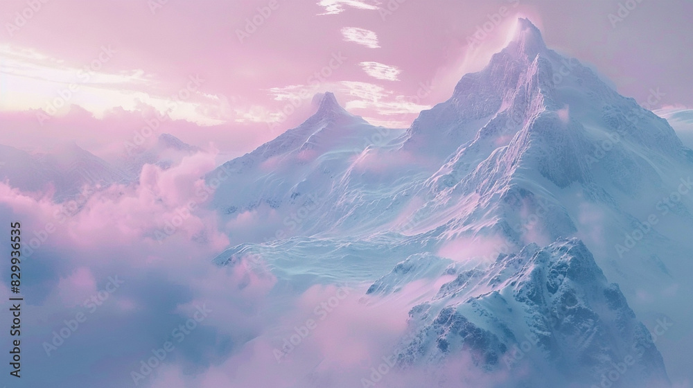 Fototapeta premium Majestic snow-capped mountains, pink pastel sky, ethereal light, clouds drifting