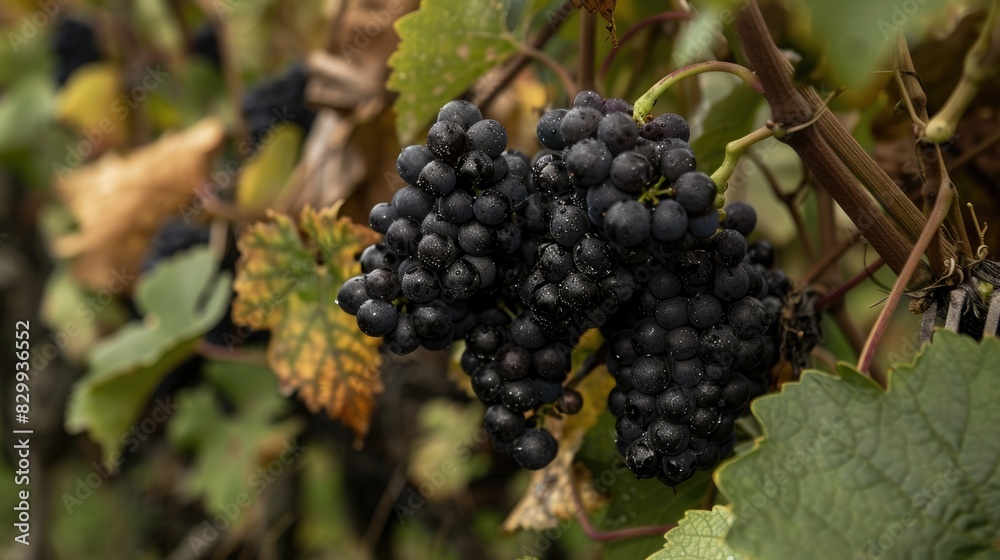 Black grapes with ripe leaves on the vine