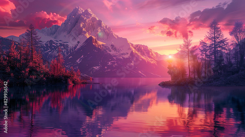 Majestic mountain landscape  serene lake with perfect reflection  vibrant pink and purple sky