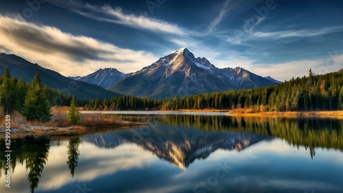 A mountain rises up behind a lake, casting its reflection on the water.